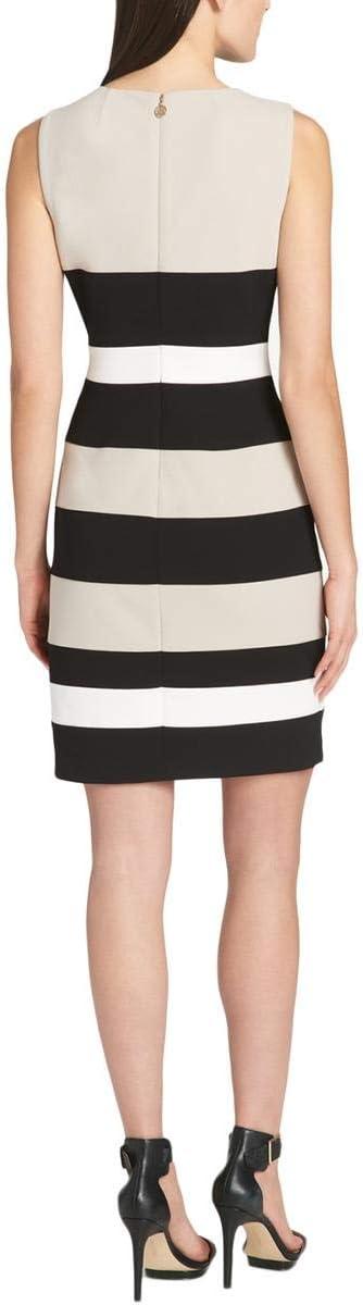 imageTommy Hilfiger Womens Sleeveless Striped Scuba Crepe Sheath Mini DressKhakiBlackIvory