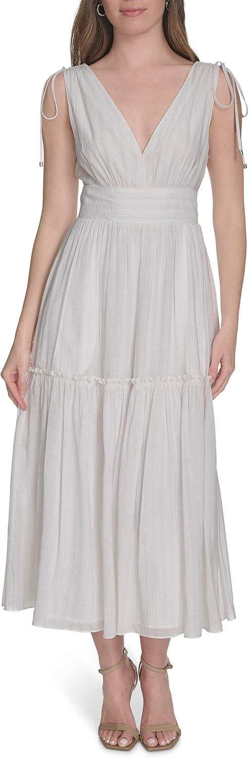 imageTommy Hilfiger Womens Sleeveless V Neck Neck Tie Midi DressIvory