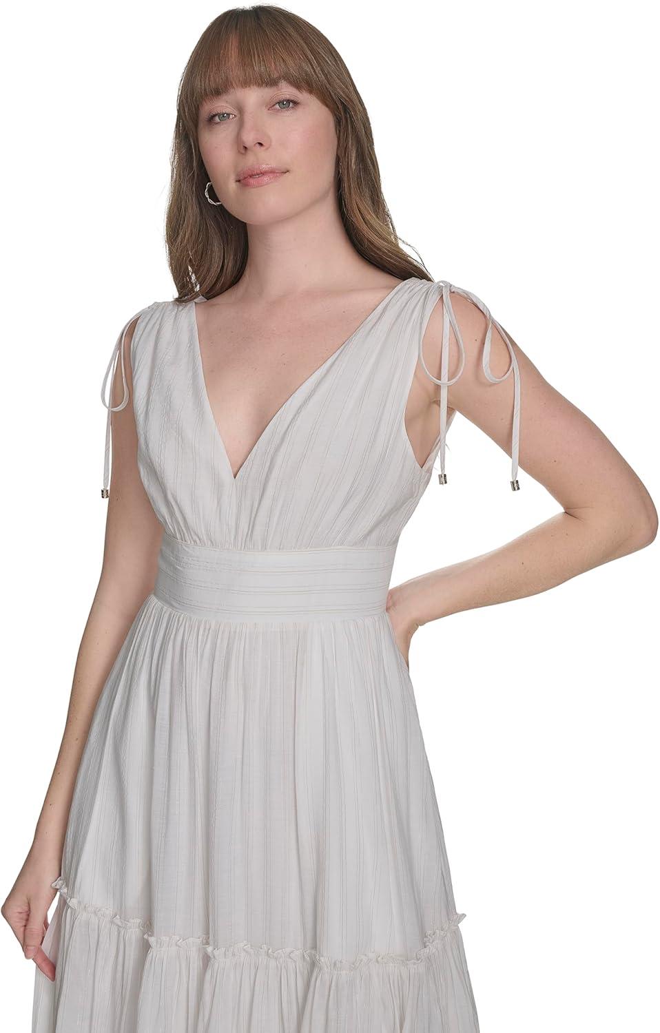 imageTommy Hilfiger Womens Sleeveless V Neck Neck Tie Midi DressIvory