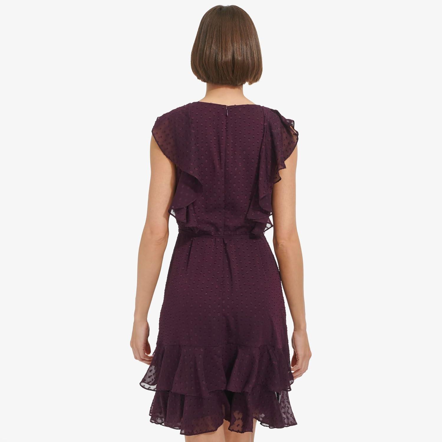 imageTommy Hilfiger Womens Sleeveless VNeck Ruffle Trim Tie Waist Chiffon Mini DressAubergine
