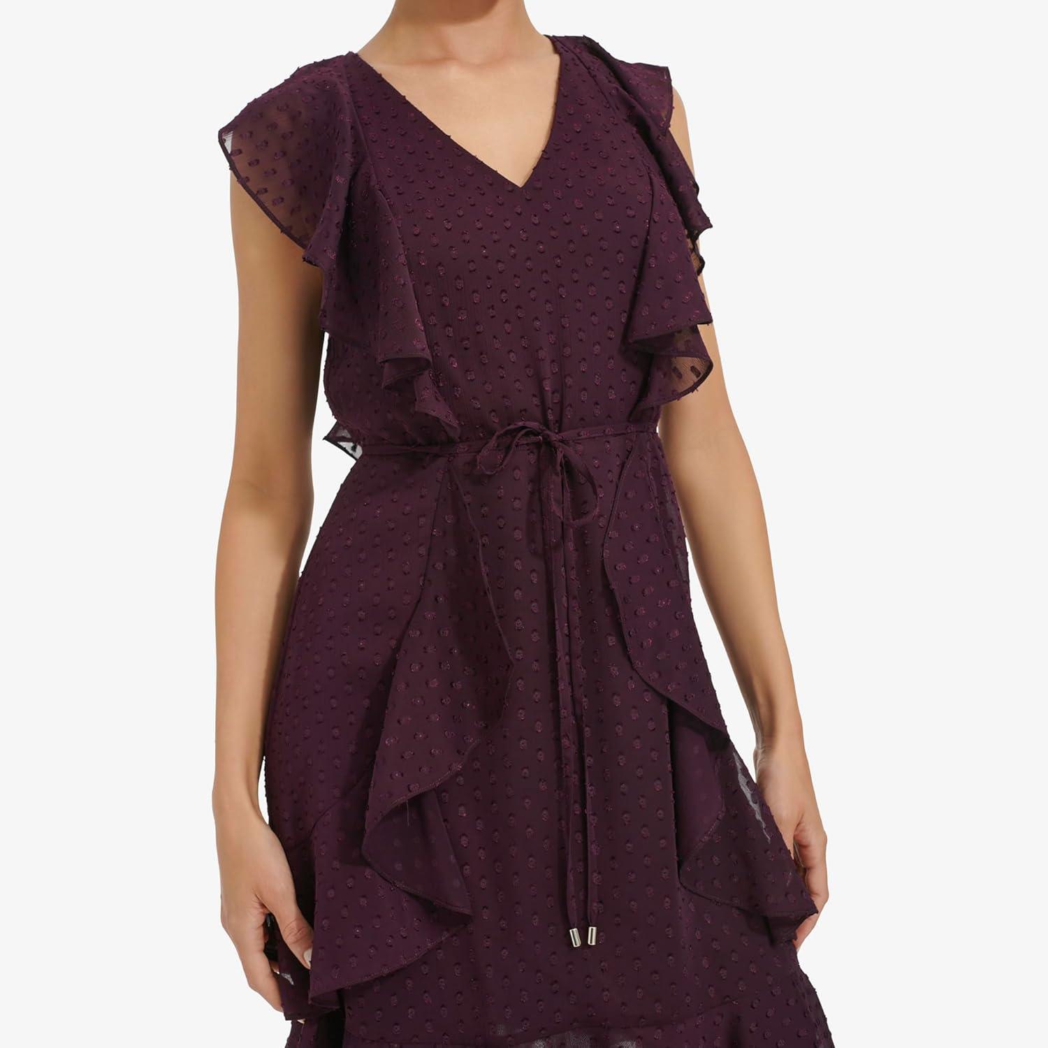 imageTommy Hilfiger Womens Sleeveless VNeck Ruffle Trim Tie Waist Chiffon Mini DressAubergine