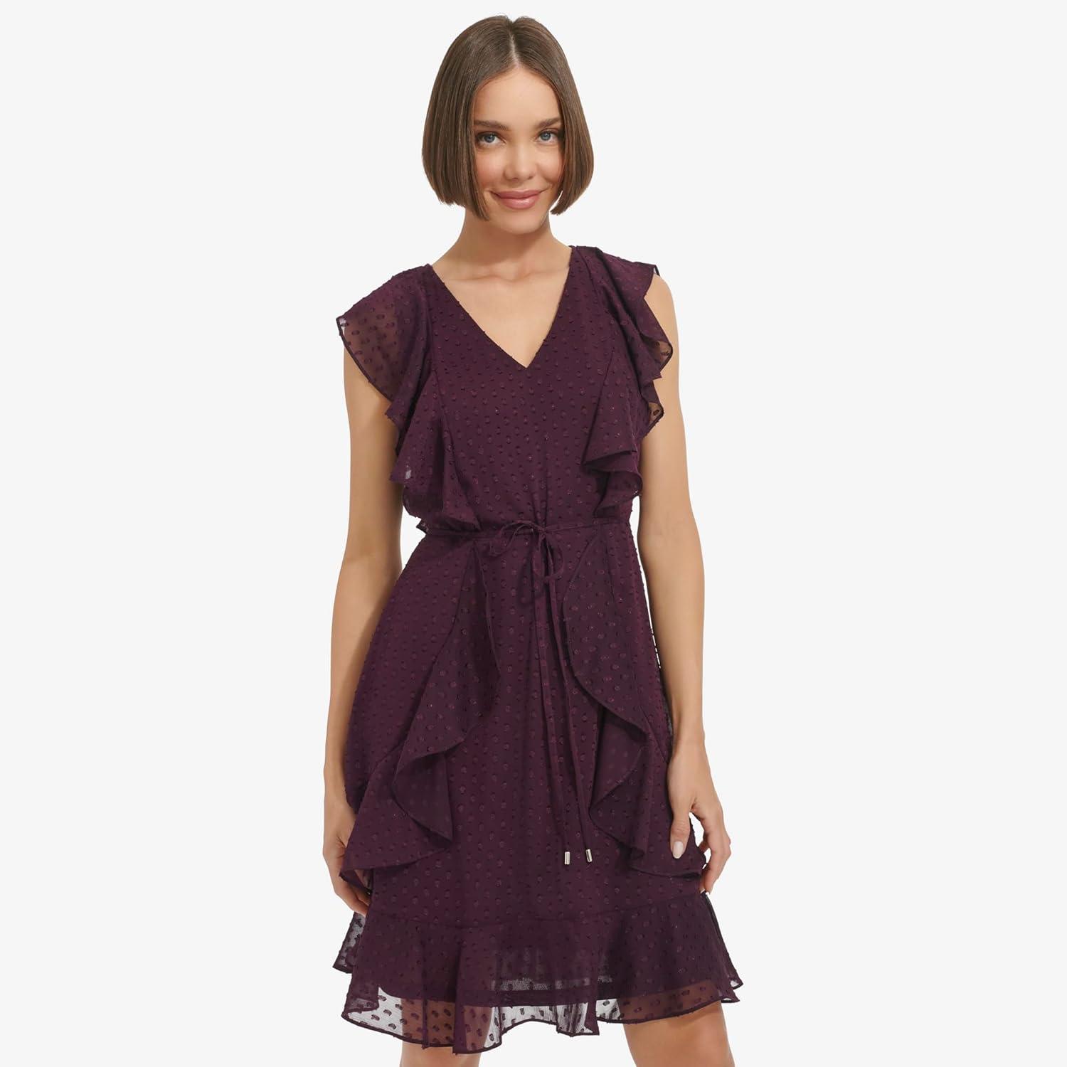 imageTommy Hilfiger Womens Sleeveless VNeck Ruffle Trim Tie Waist Chiffon Mini DressAubergine