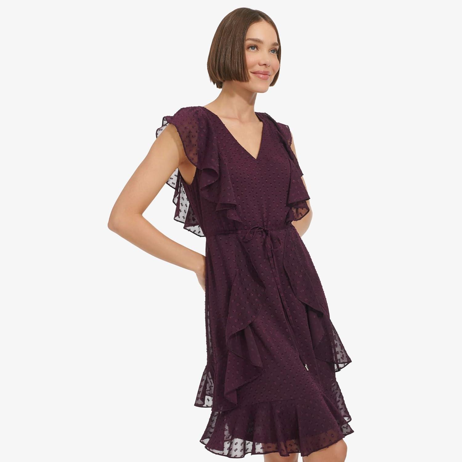 imageTommy Hilfiger Womens Sleeveless VNeck Ruffle Trim Tie Waist Chiffon Mini DressAubergine
