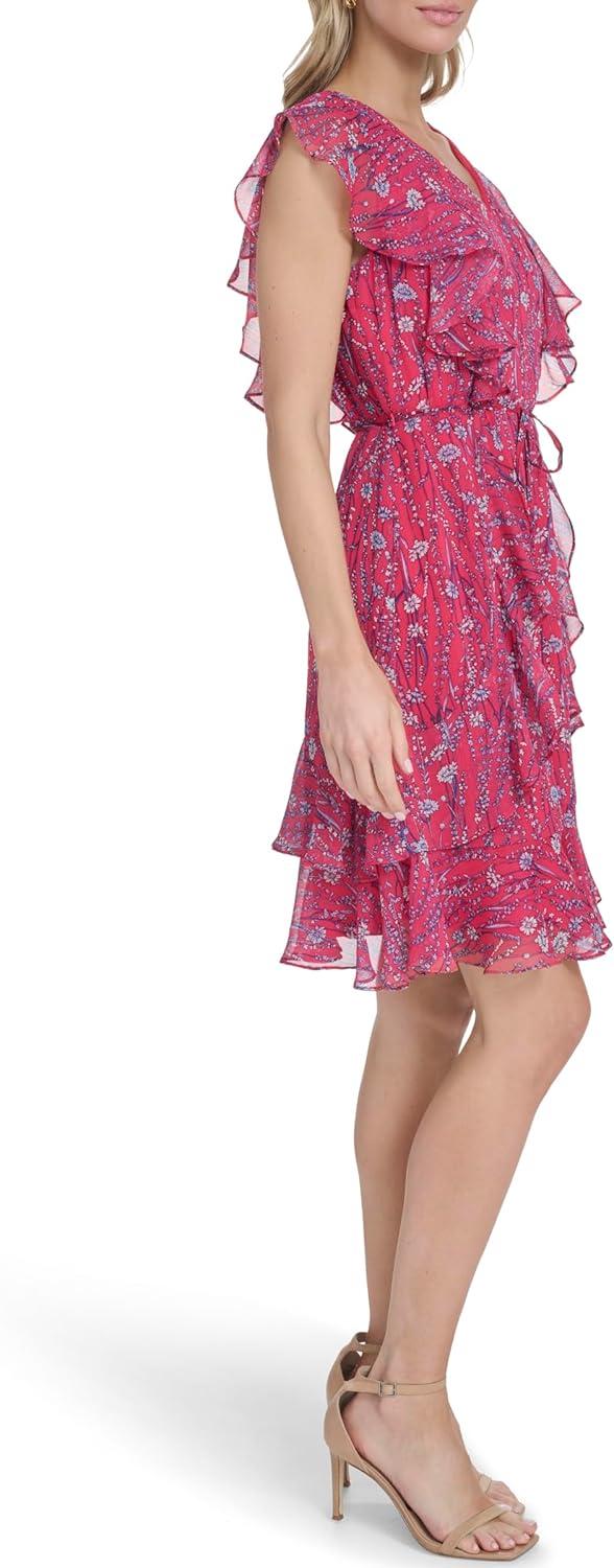 imageTommy Hilfiger Womens Sleeveless VNeck Ruffle Trim Tie Waist Chiffon Mini DressAzalea Multi