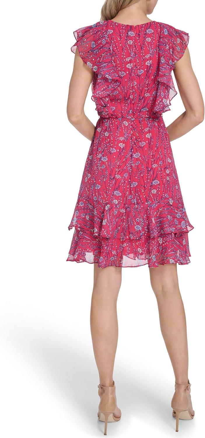 imageTommy Hilfiger Womens Sleeveless VNeck Ruffle Trim Tie Waist Chiffon Mini DressAzalea Multi