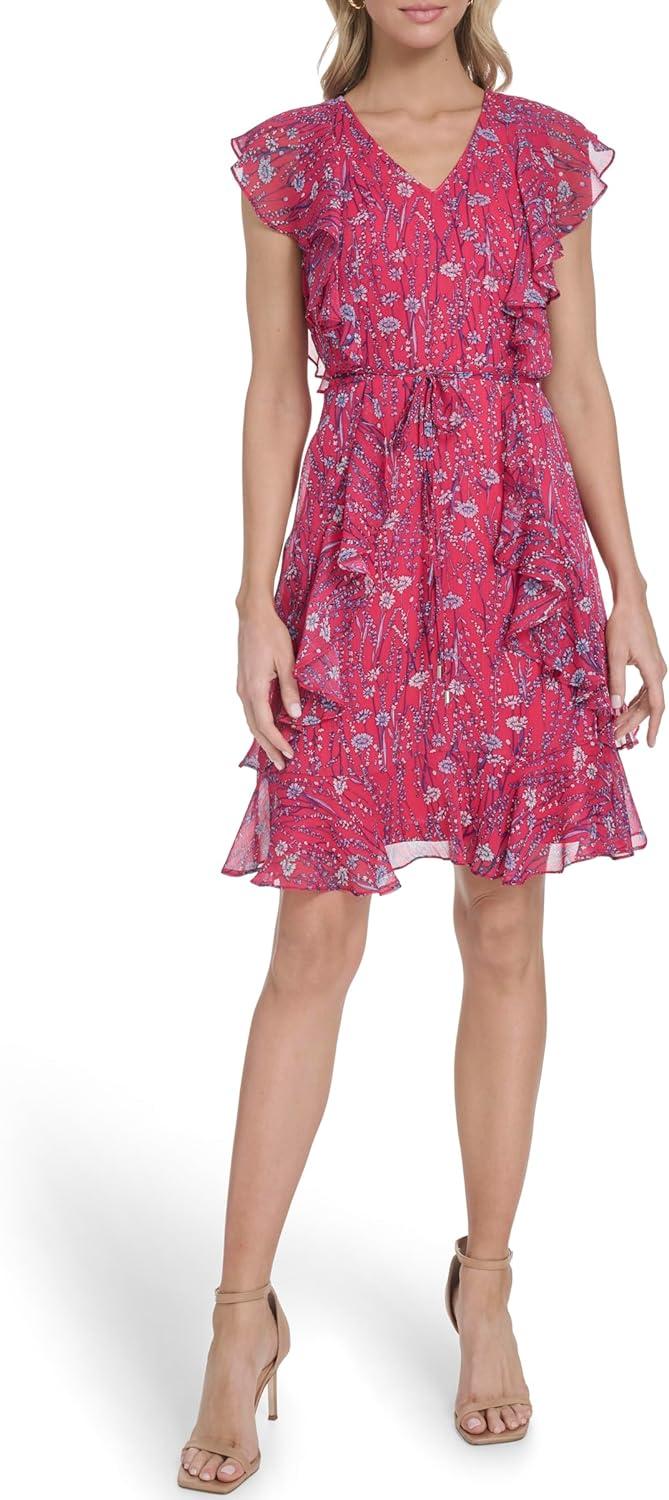 imageTommy Hilfiger Womens Sleeveless VNeck Ruffle Trim Tie Waist Chiffon Mini DressAzalea Multi