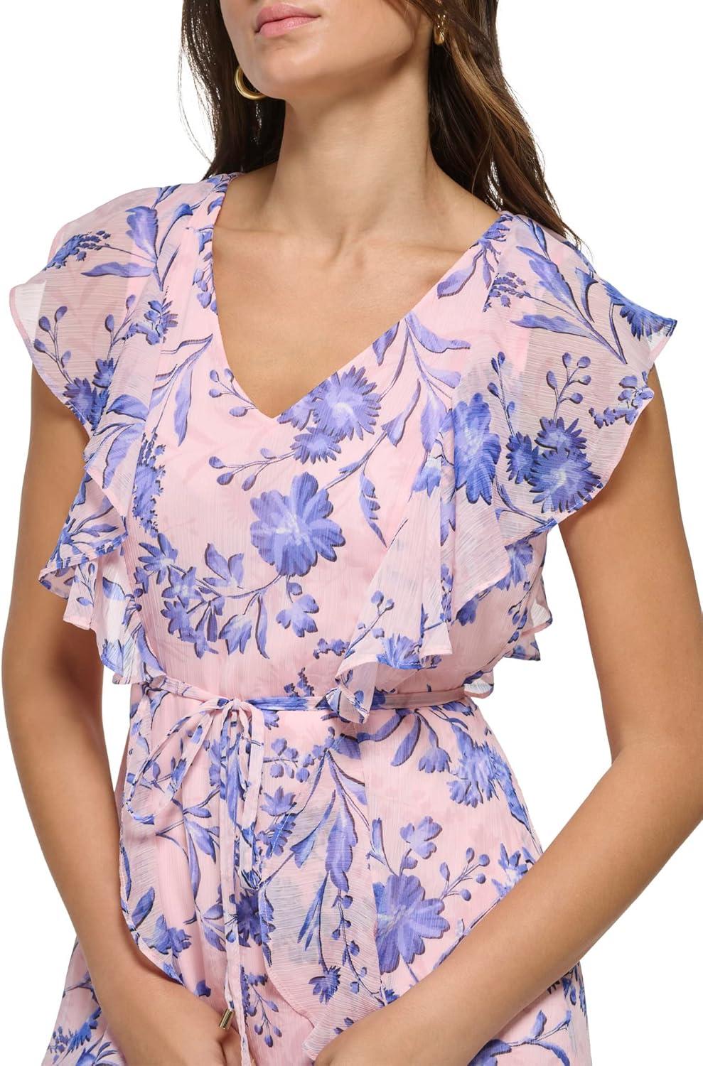 imageTommy Hilfiger Womens Sleeveless VNeck Ruffle Trim Tie Waist Chiffon Mini DressBallerina Pink Combo