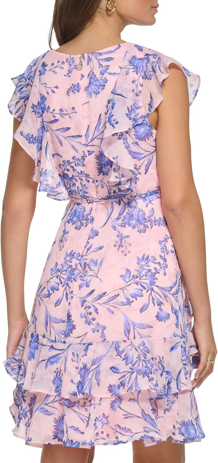 imageTommy Hilfiger Womens Sleeveless VNeck Ruffle Trim Tie Waist Chiffon Mini DressBallerina Pink Combo