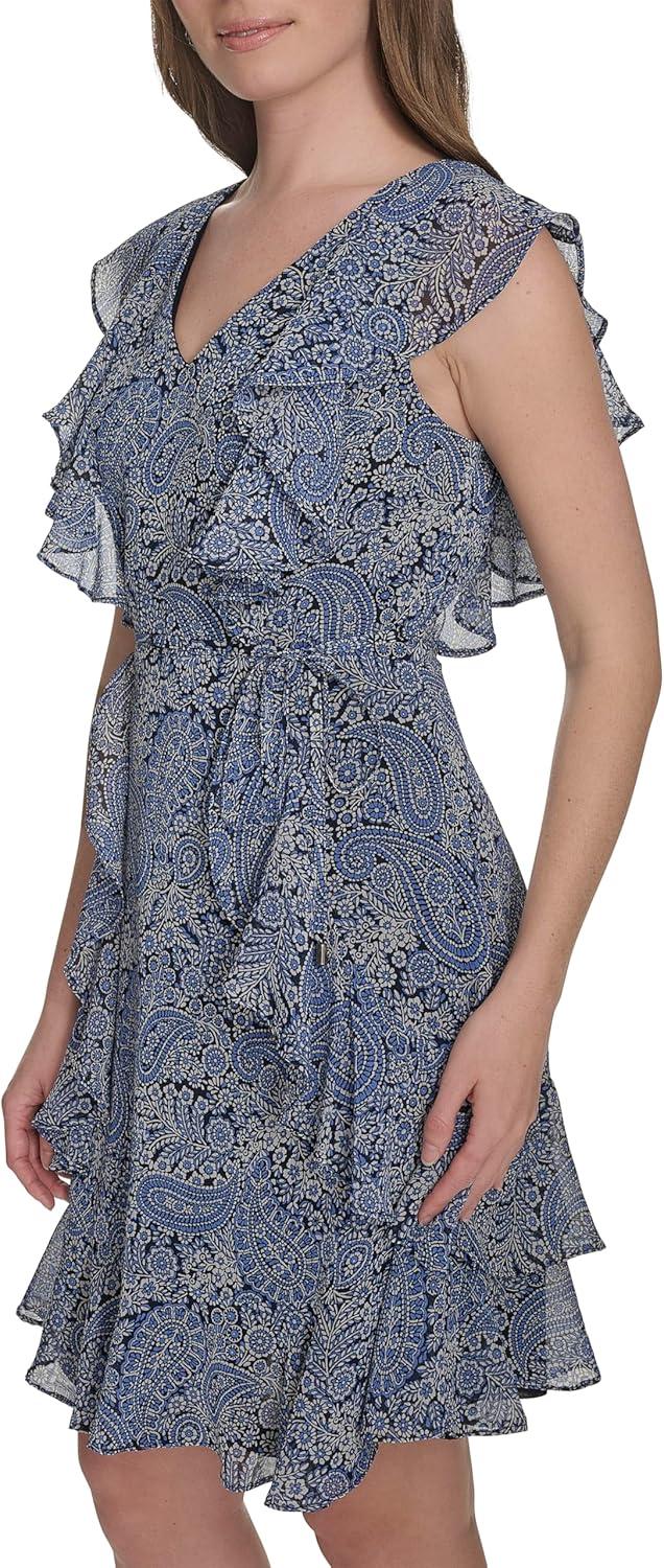 imageTommy Hilfiger Womens Sleeveless VNeck Ruffle Trim Tie Waist Chiffon Mini DressFrench Blue Combo