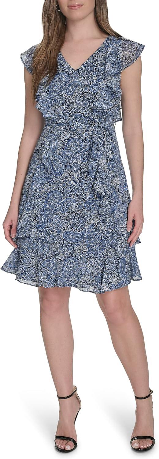 imageTommy Hilfiger Womens Sleeveless VNeck Ruffle Trim Tie Waist Chiffon Mini DressFrench Blue Combo