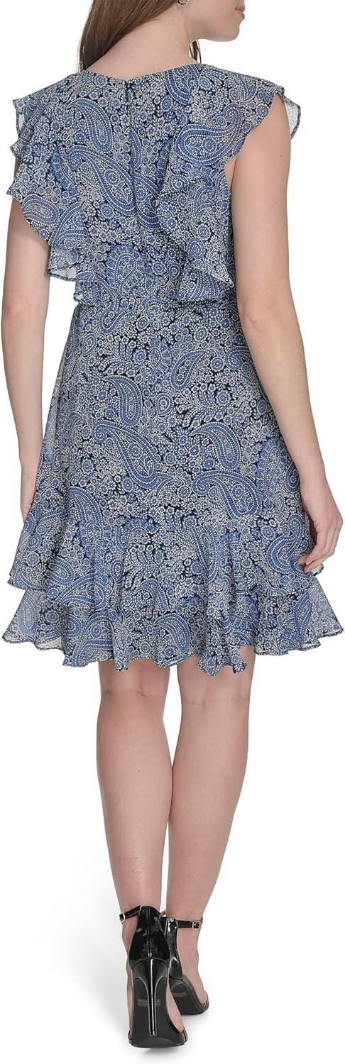 imageTommy Hilfiger Womens Sleeveless VNeck Ruffle Trim Tie Waist Chiffon Mini DressFrench Blue Combo