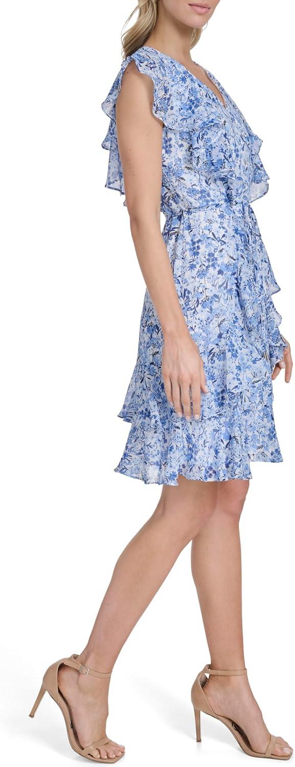 imageTommy Hilfiger Womens Sleeveless VNeck Ruffle Trim Tie Waist Chiffon Mini DressFrench Blue Multi