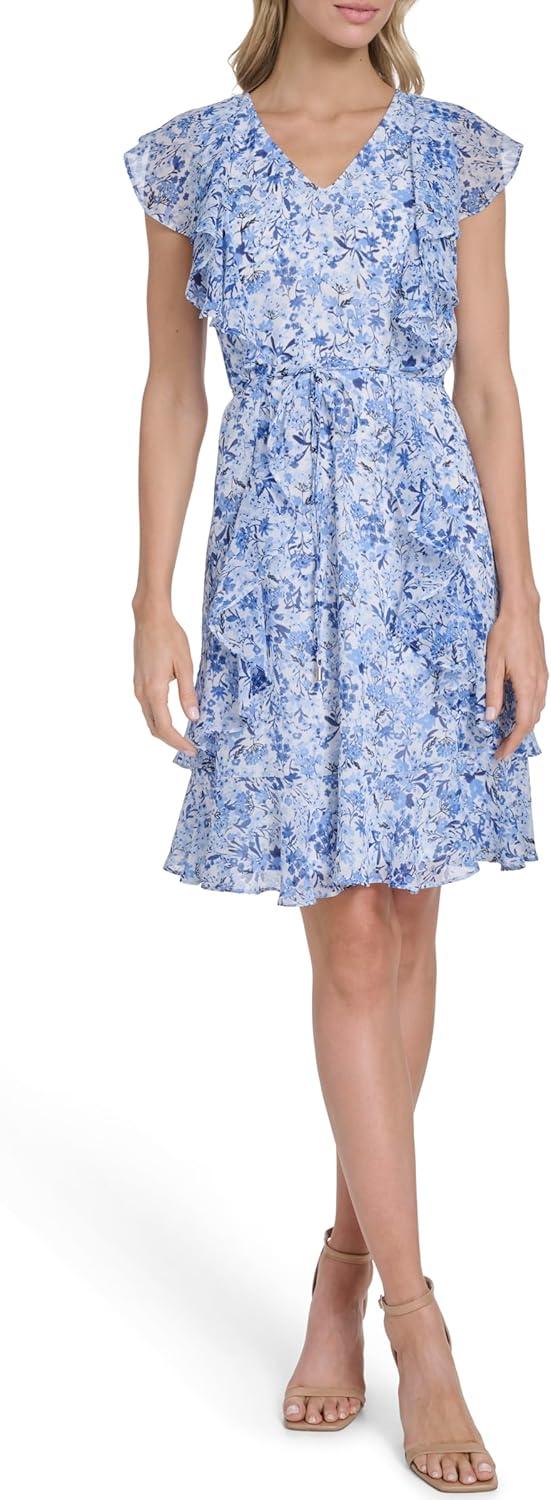 imageTommy Hilfiger Womens Sleeveless VNeck Ruffle Trim Tie Waist Chiffon Mini DressFrench Blue Multi