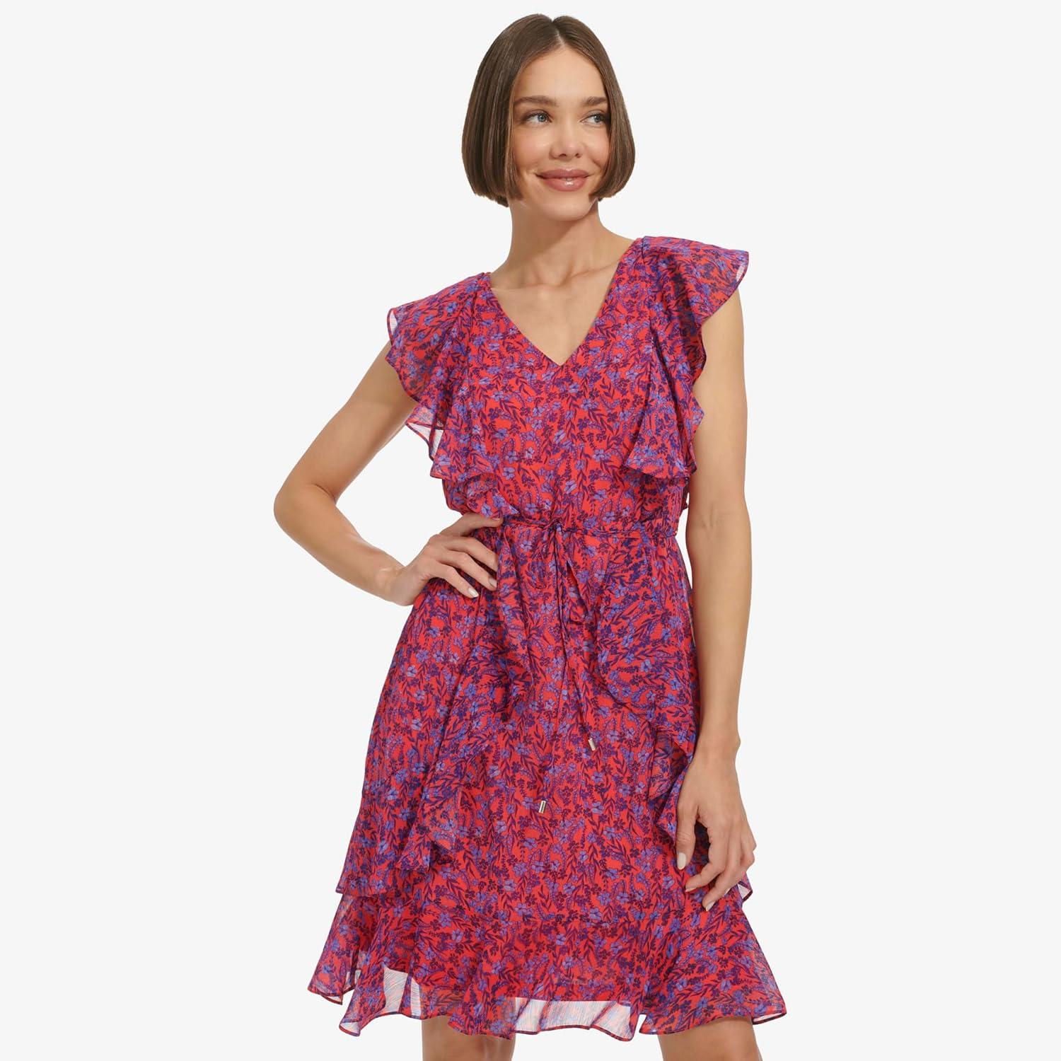 imageTommy Hilfiger Womens Sleeveless VNeck Ruffle Trim Tie Waist Chiffon Mini DressGuavaAmparo Blue