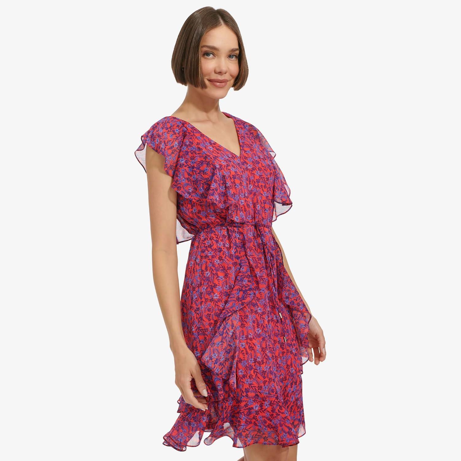 imageTommy Hilfiger Womens Sleeveless VNeck Ruffle Trim Tie Waist Chiffon Mini DressGuavaAmparo Blue