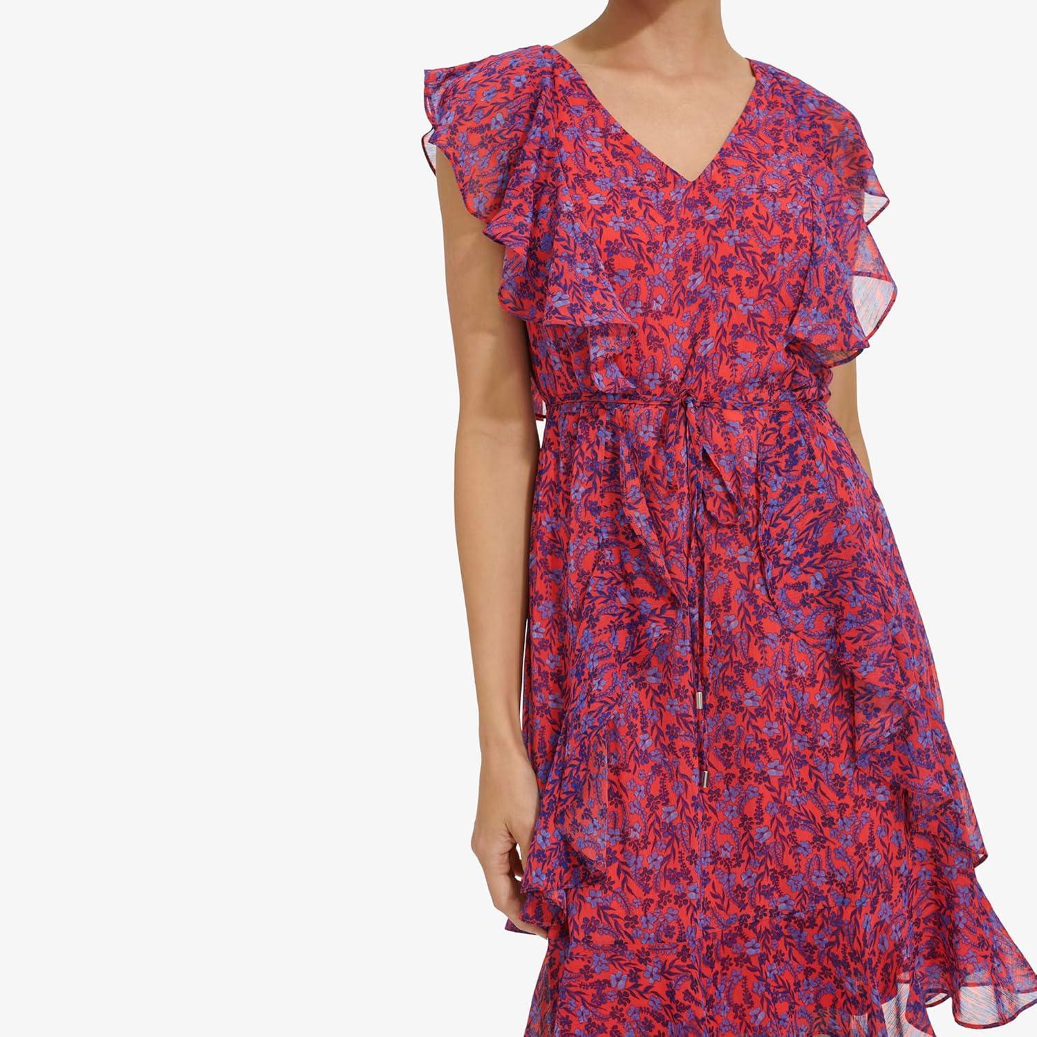 imageTommy Hilfiger Womens Sleeveless VNeck Ruffle Trim Tie Waist Chiffon Mini DressGuavaAmparo Blue