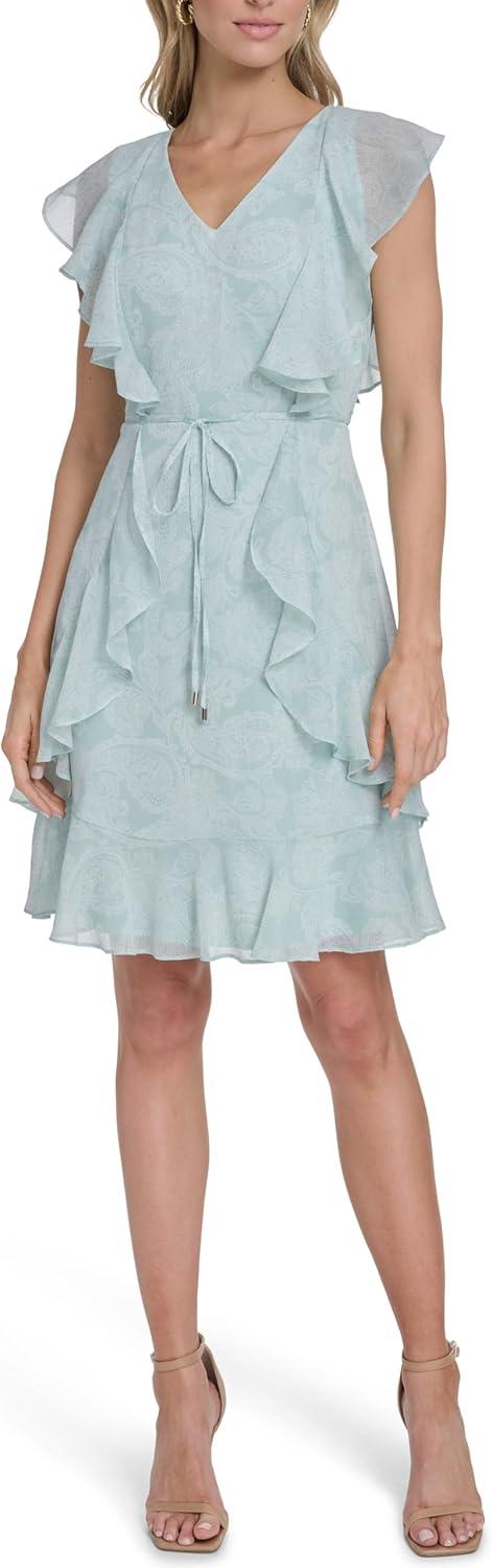 imageTommy Hilfiger Womens Sleeveless VNeck Ruffle Trim Tie Waist Chiffon Mini DressHarbor GreyIvory