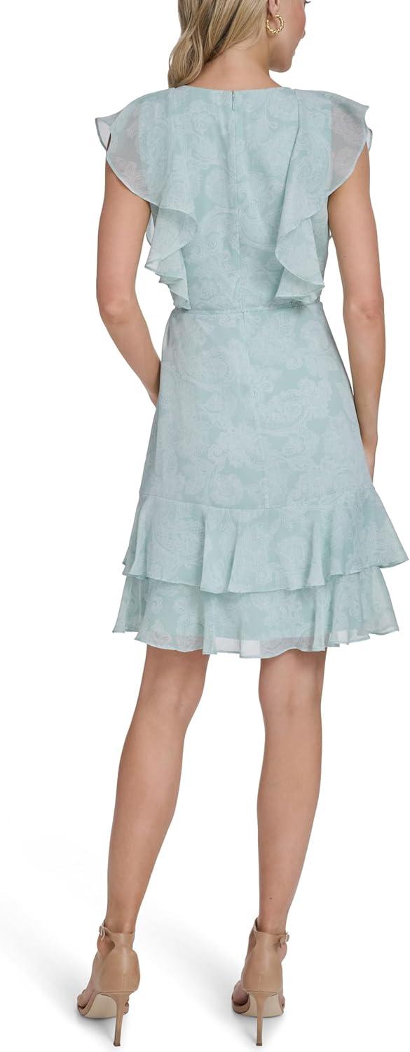 imageTommy Hilfiger Womens Sleeveless VNeck Ruffle Trim Tie Waist Chiffon Mini DressHarbor GreyIvory