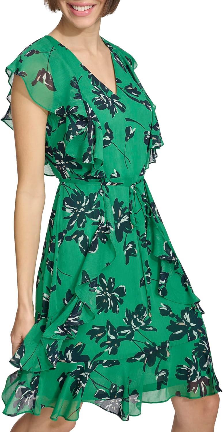 imageTommy Hilfiger Womens Sleeveless VNeck Ruffle Trim Tie Waist Chiffon Mini DressJolly Green Multi