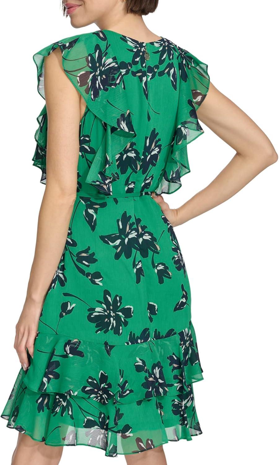 imageTommy Hilfiger Womens Sleeveless VNeck Ruffle Trim Tie Waist Chiffon Mini DressJolly Green Multi