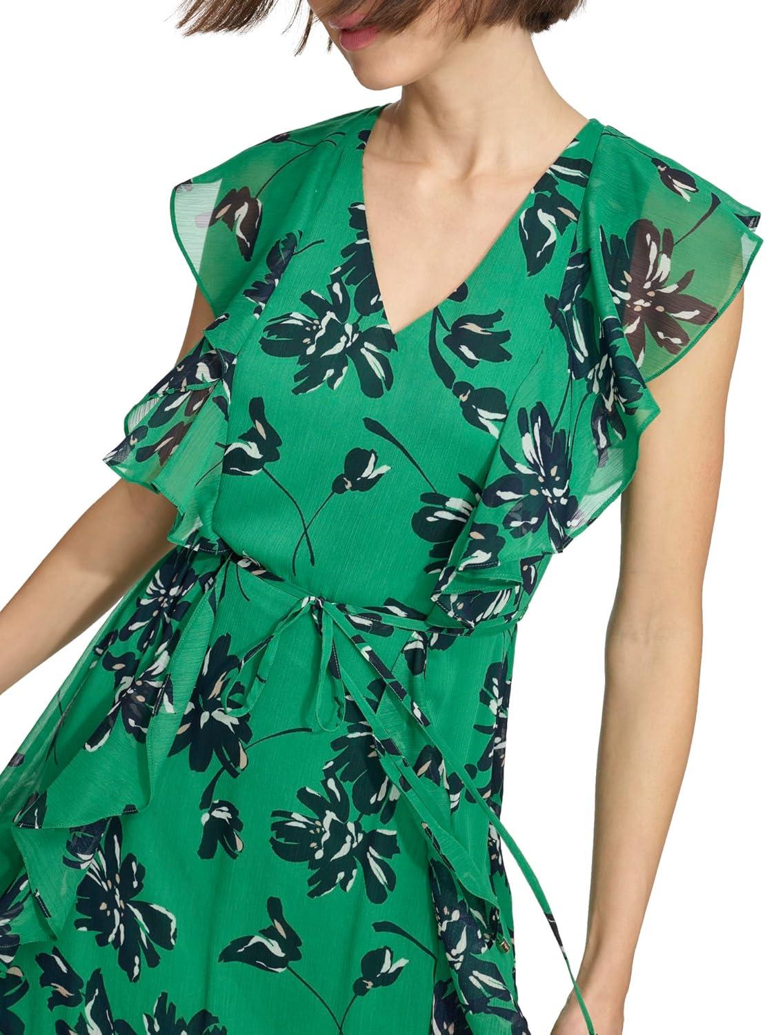 imageTommy Hilfiger Womens Sleeveless VNeck Ruffle Trim Tie Waist Chiffon Mini DressJolly Green Multi