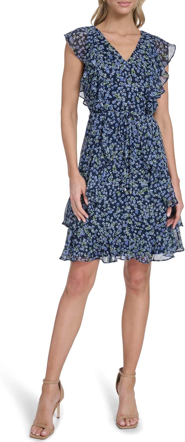 imageTommy Hilfiger Womens Sleeveless VNeck Ruffle Trim Tie Waist Chiffon Mini DressSky Captain Khaki