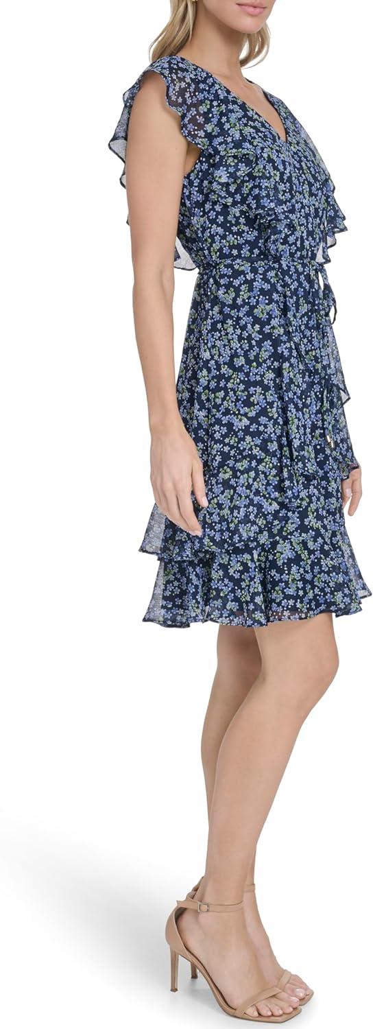 imageTommy Hilfiger Womens Sleeveless VNeck Ruffle Trim Tie Waist Chiffon Mini DressSky Captain Khaki