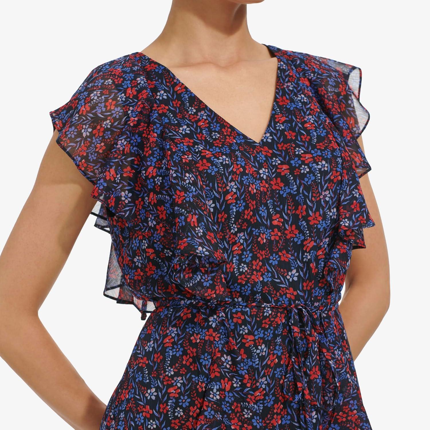 imageTommy Hilfiger Womens Sleeveless VNeck Ruffle Trim Tie Waist Chiffon Mini DressSky CaptainGuava