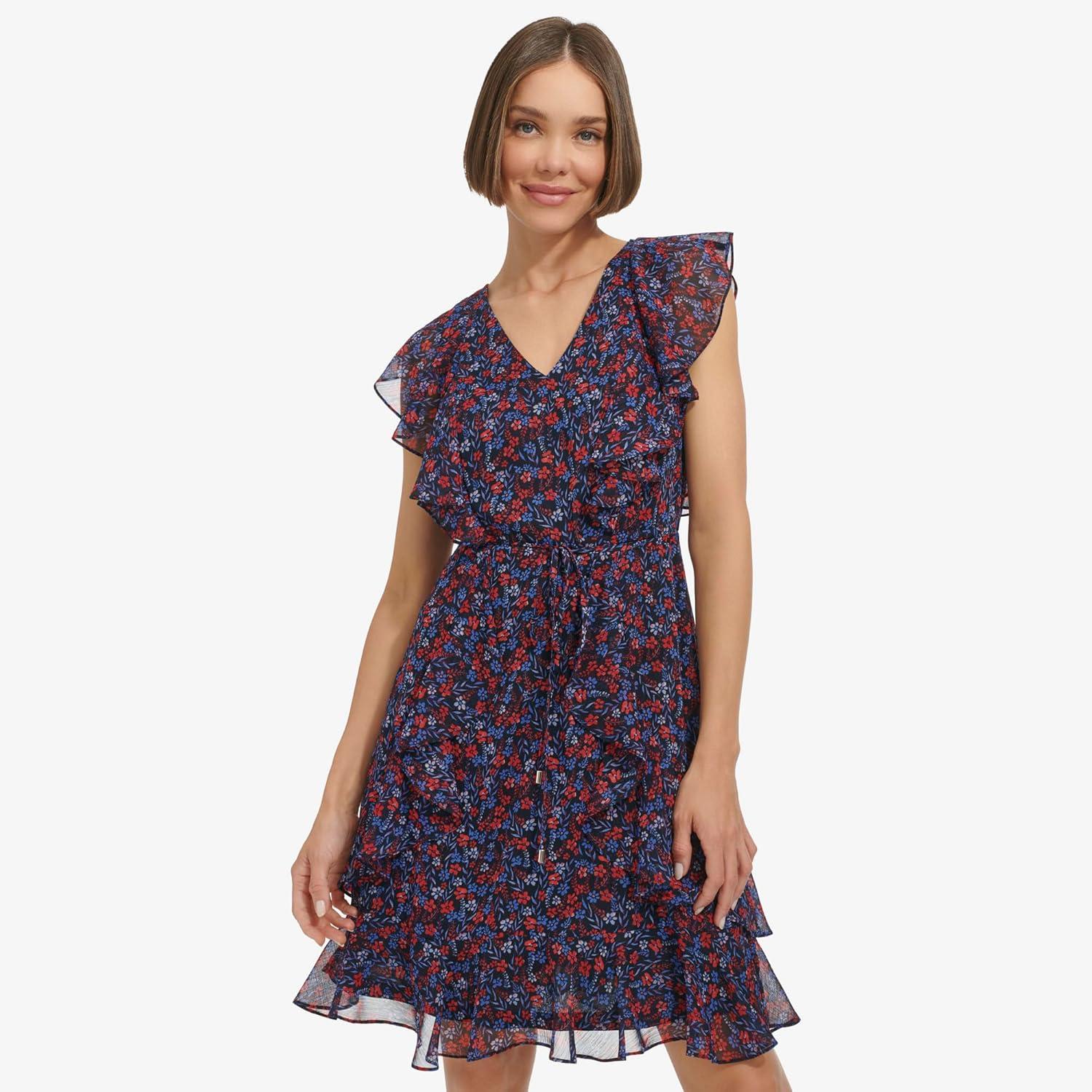 imageTommy Hilfiger Womens Sleeveless VNeck Ruffle Trim Tie Waist Chiffon Mini DressSky CaptainGuava