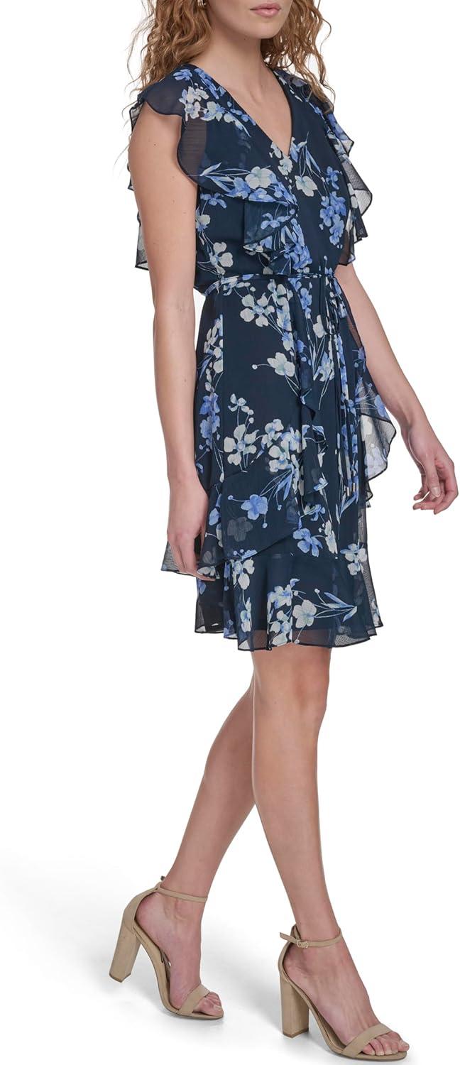 imageTommy Hilfiger Womens Sleeveless VNeck Ruffle Trim Tie Waist Chiffon Mini DressSky CaptainHarbor Grey