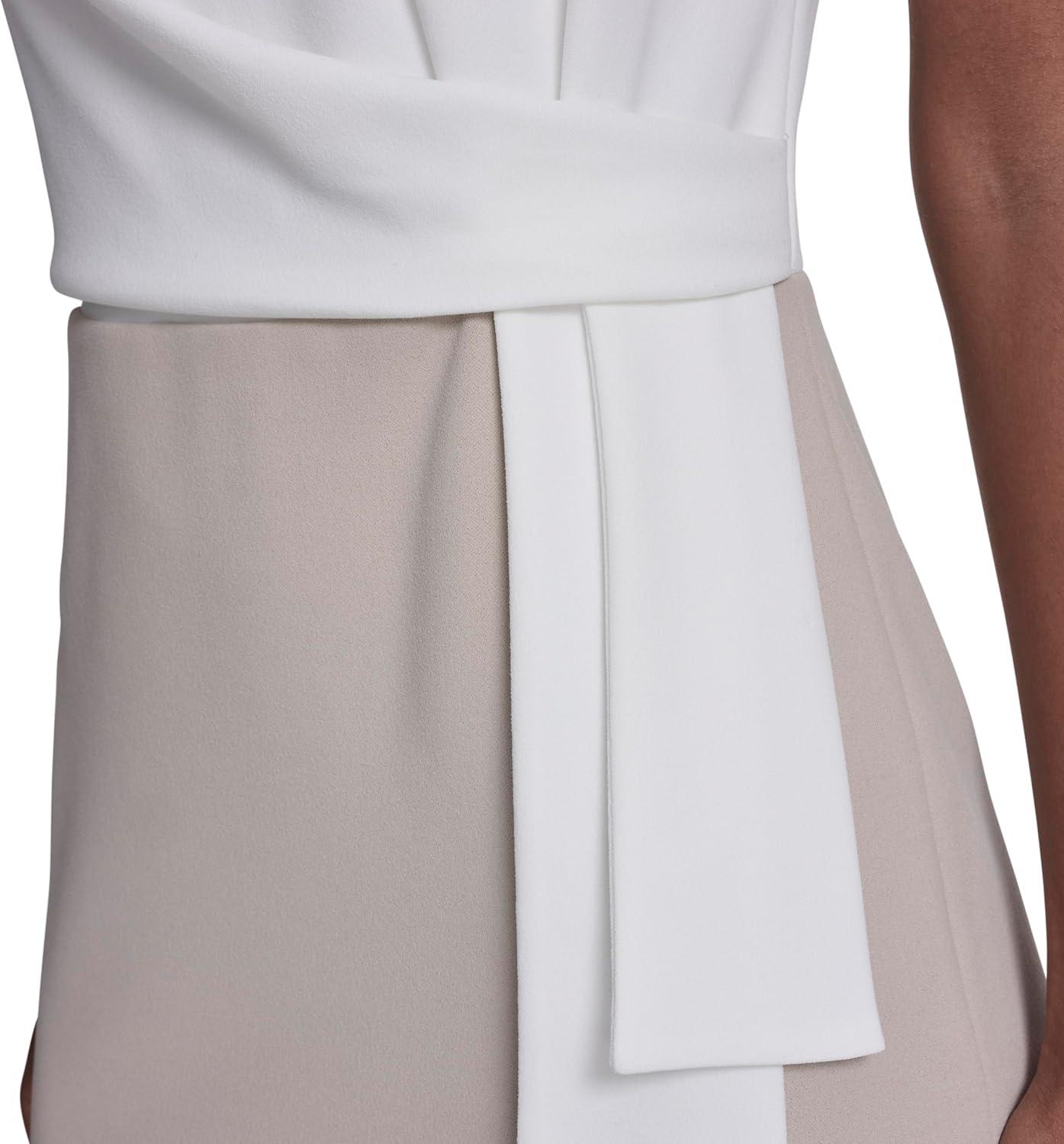 imageTommy Hilfiger Womens Sleevless Boat Neck Fold Detail Crepe Sheath Mini DressIvory Khaki