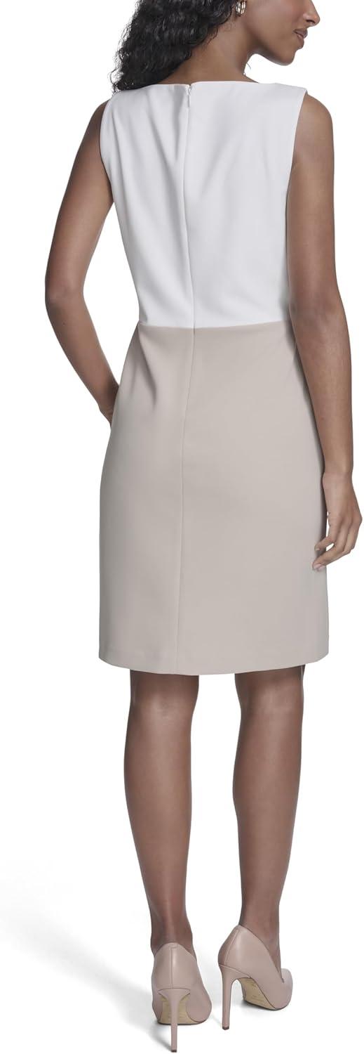 imageTommy Hilfiger Womens Sleevless Boat Neck Fold Detail Crepe Sheath Mini DressIvoryKhaki