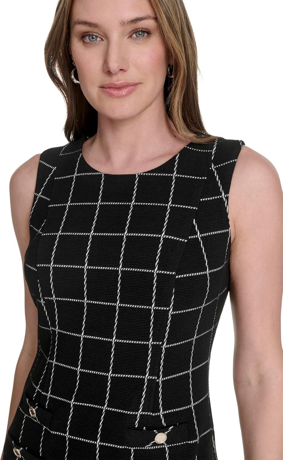 imageTommy Hilfiger Womens Sleevless Pockets Button Detailing on Pocket Shift DressBlack Ivory
