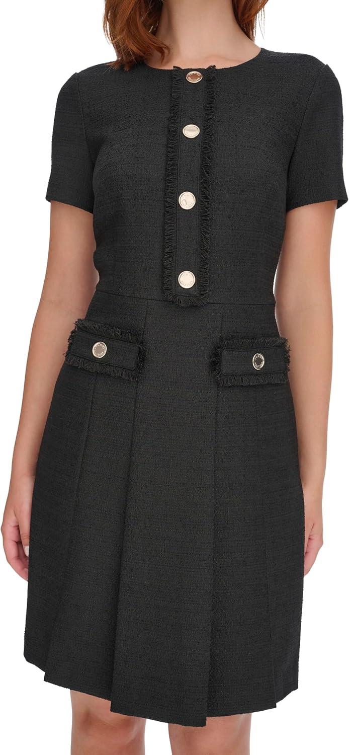 imageTommy Hilfiger Womens Soft Hand Boucle Short Sleeve Button Front Aline DressBlack