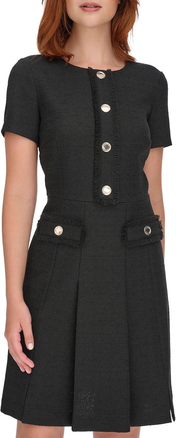 imageTommy Hilfiger Womens Soft Hand Boucle Short Sleeve Button Front Aline DressBlack