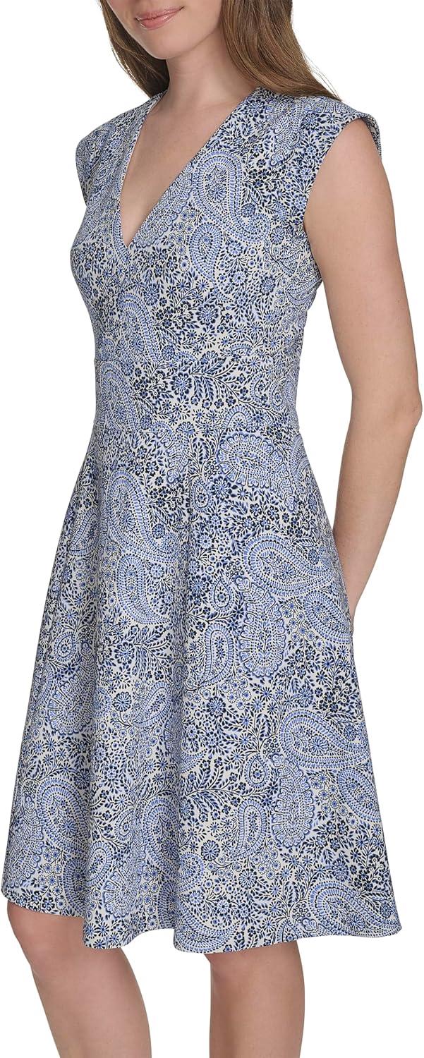 imageTommy Hilfiger Womens V Neck All Over Columbier Print Fit and Flare DressIvory French Blue