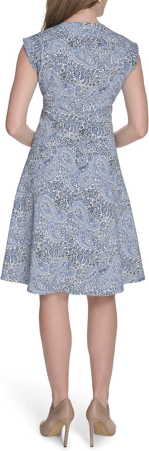imageTommy Hilfiger Womens V Neck All Over Columbier Print Fit and Flare DressIvory French Blue