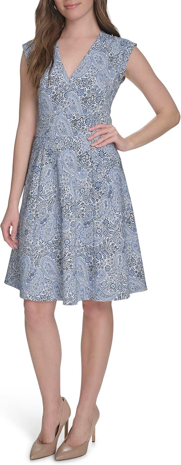 imageTommy Hilfiger Womens V Neck All Over Columbier Print Fit and Flare DressIvory French Blue