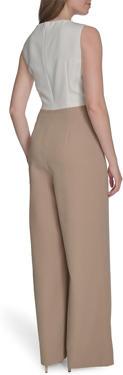 imageTommy Hilfiger womens Sleeveless Crew Neck Two Tone Side Drape Crepe JumpsuitIvoryKhaki