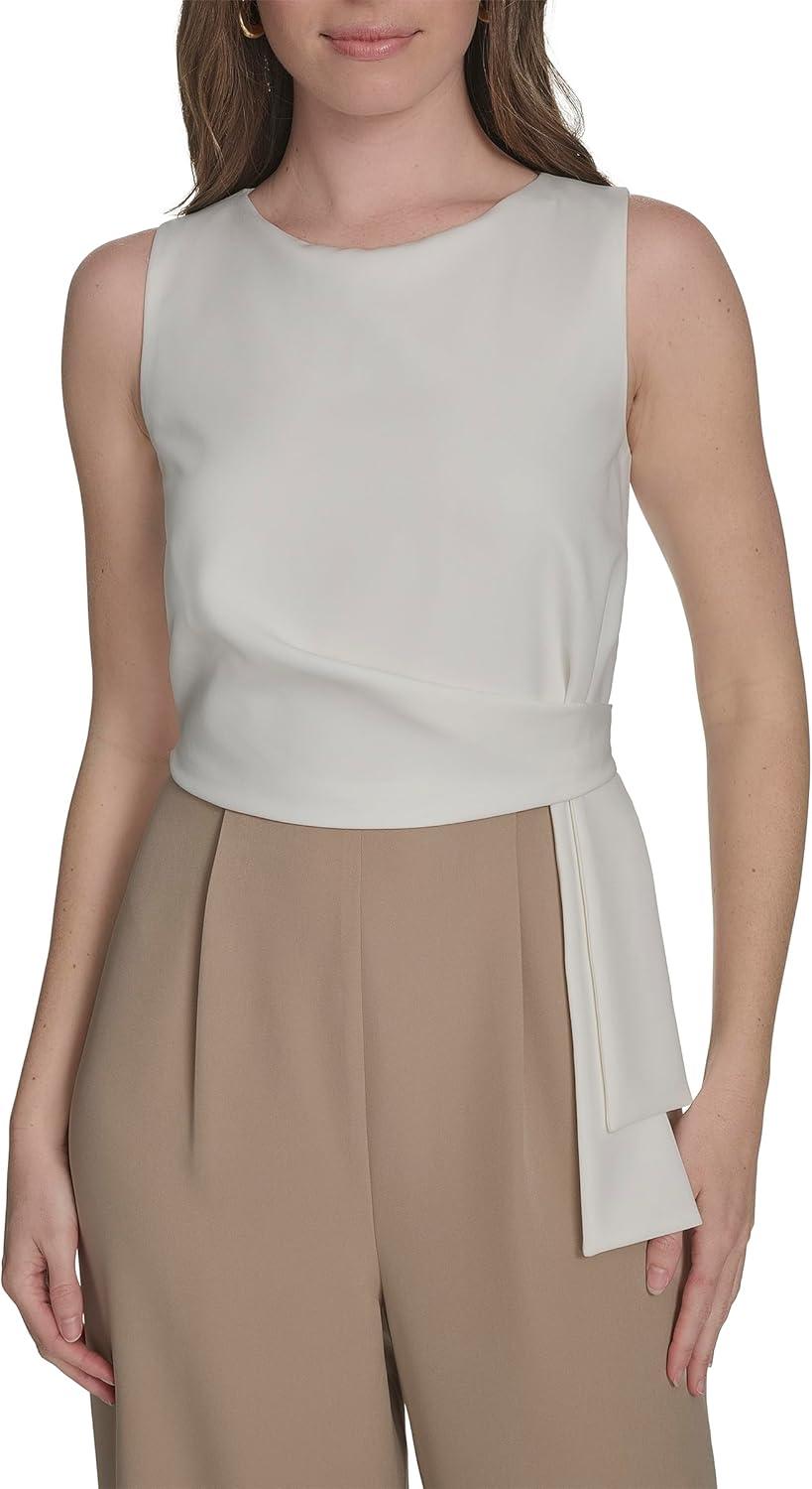 imageTommy Hilfiger womens Sleeveless Crew Neck Two Tone Side Drape Crepe JumpsuitIvoryKhaki