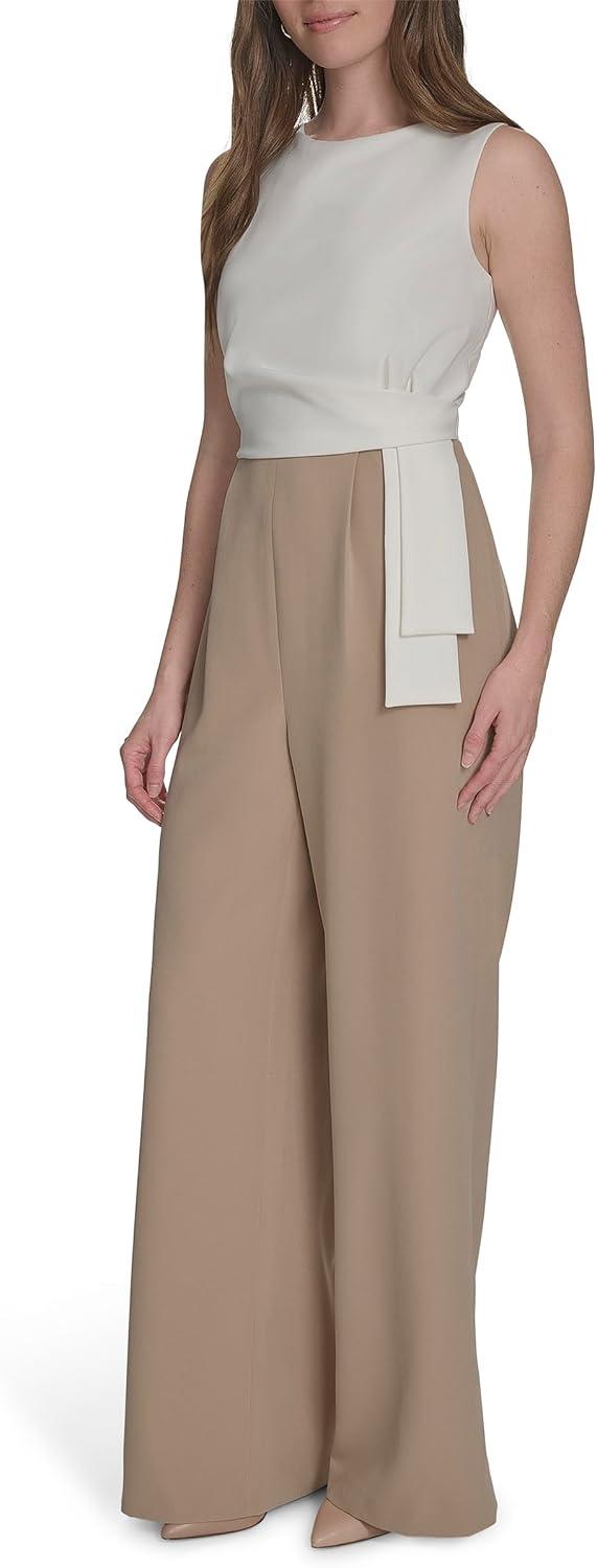 imageTommy Hilfiger womens Sleeveless Crew Neck Two Tone Side Drape Crepe JumpsuitIvoryKhaki