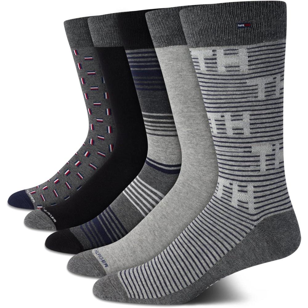 imageTommy Hilfiger Mens Dress Socks 5 Pack Lightweight Everyday Crew Work Socks for Men for Casual amp Formal Wear Size 712Grey Assorted