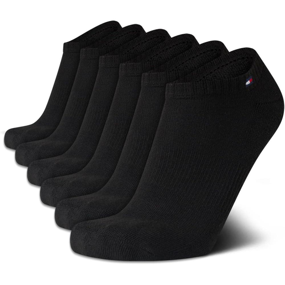 imageTommy Hilfiger Mens No Show Socks 6 Pack Cushioned Performance Stretch Athletic Low Cut Socks for MenPure Black