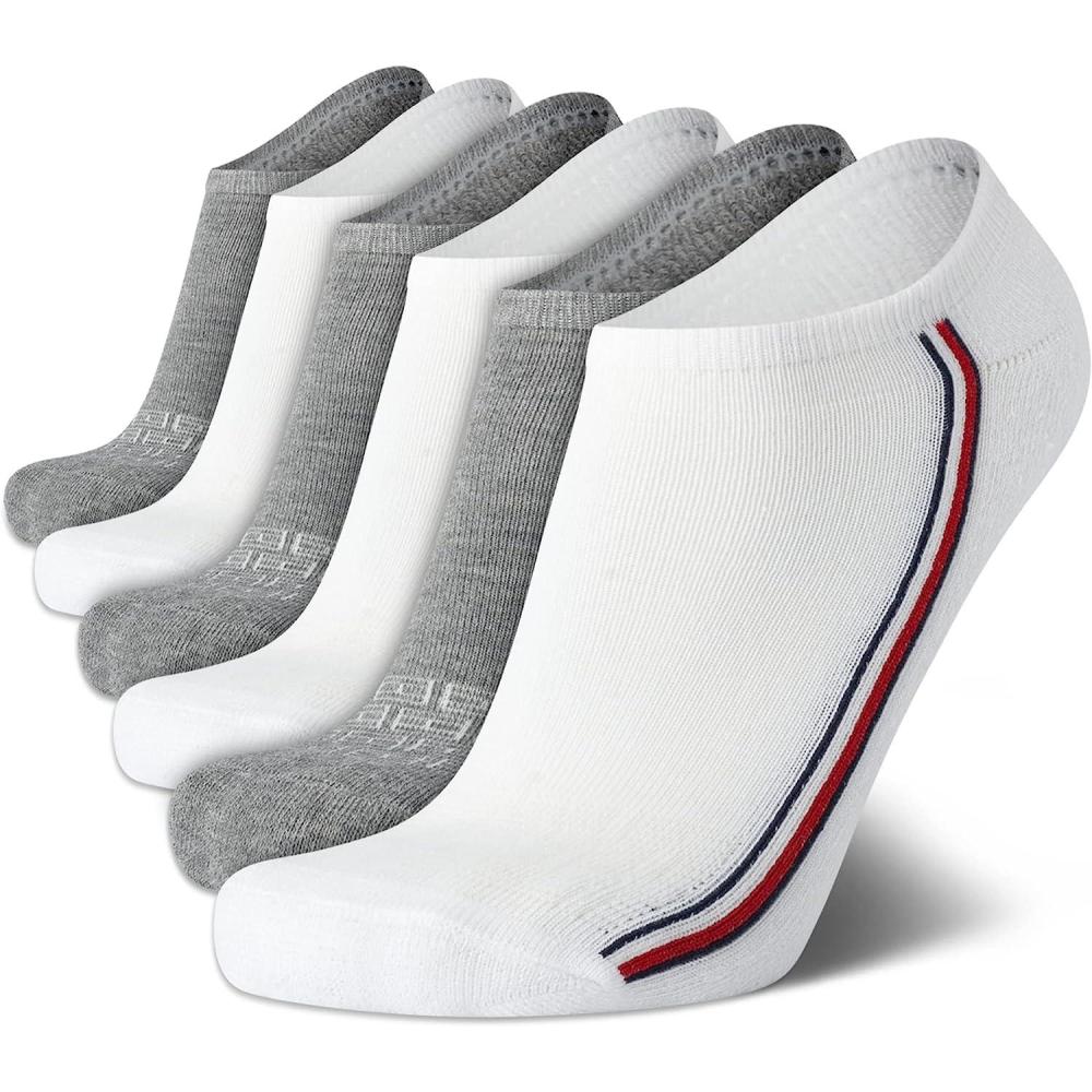 imageTommy Hilfiger Mens No Show Socks 6 Pack Cushioned Performance Stretch Athletic Low Cut Socks for MenWhite Multi