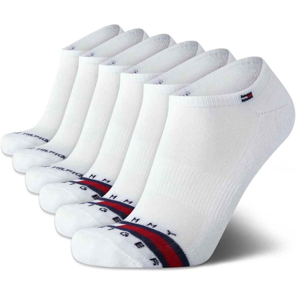 imageTommy Hilfiger Mens No Show Socks 6 Pack Cushioned Performance Stretch Athletic Low Cut Socks for MenWhiteBlack Stripe