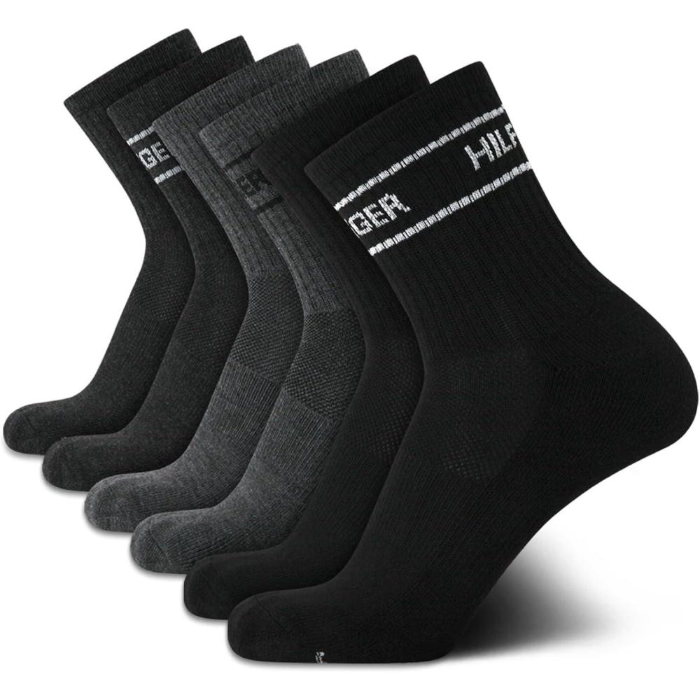 imageTommy Hilfiger Mens Quarter Socks  6 Pack Athletic Performance Cushioned High Quarter Length Ankle Socks for Men for RunningBlack Grey Assorted