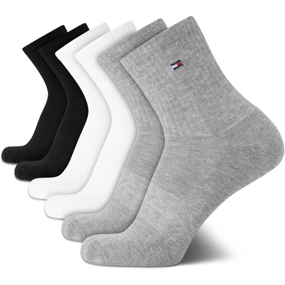 imageTommy Hilfiger Mens Quarter Socks 6 Pack Athletic Performance Cushioned High Quarter Length Ankle Socks for Men for RunningGrey Assorted