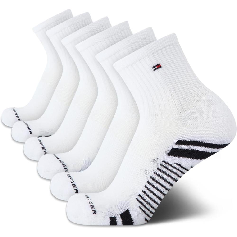 imageTommy Hilfiger Mens Quarter Socks 6 Pack Athletic Performance Cushioned High Quarter Length Ankle Socks for Men for RunningWhite Multi