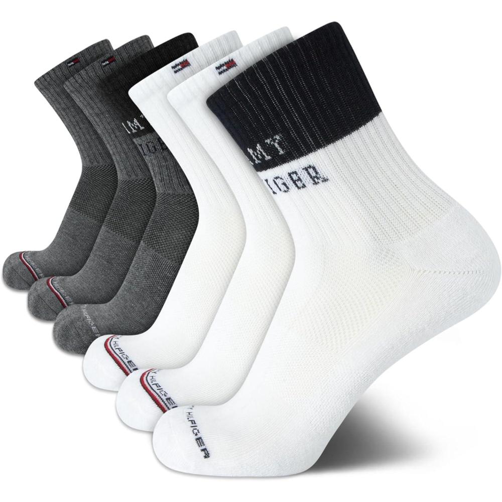 imageTommy Hilfiger Mens Quarter Socks 6 Pack Athletic Performance Cushioned High Quarter Length Ankle Socks for Men for RunningWhiteGrey