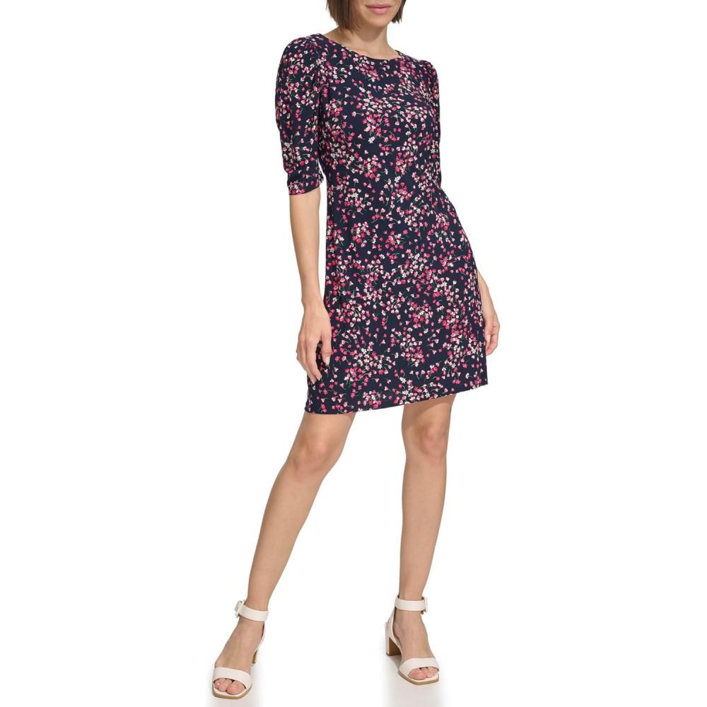 imageTommy Hilfiger Womens 12 Sleeve Boat Neck Cotton Shift Mini DressSky CaptainBloom
